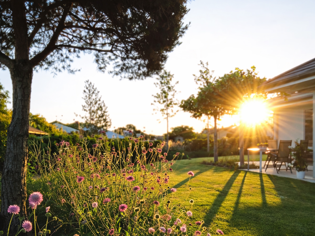 Blühende Gartenanlage mit großen Bäumen und einer Pergola