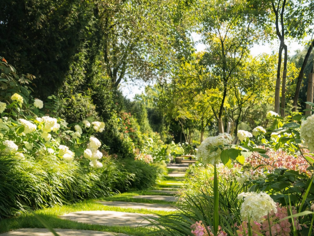 Gartenweg aus Natursteinplatten mit blühender Beplanzung