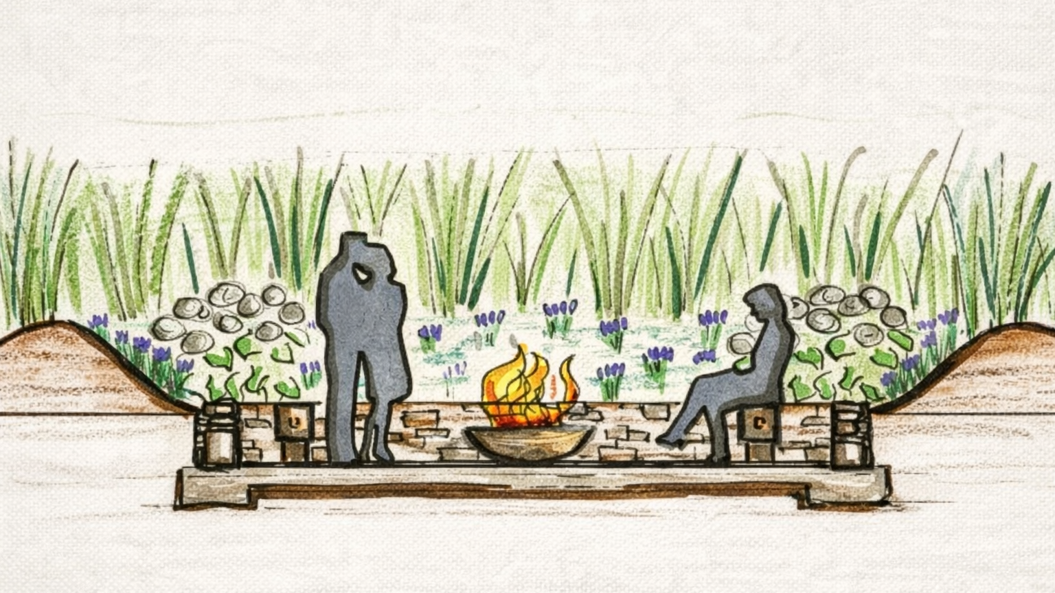 Schnittzeichnung einer Gartenplanung von Grillstelle mit Trockenmauer und Holzbänken